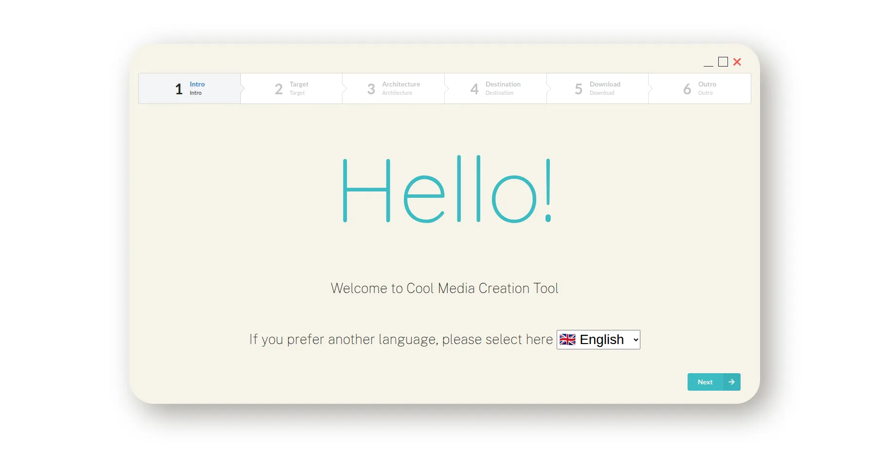 Greetings screen with language selection option