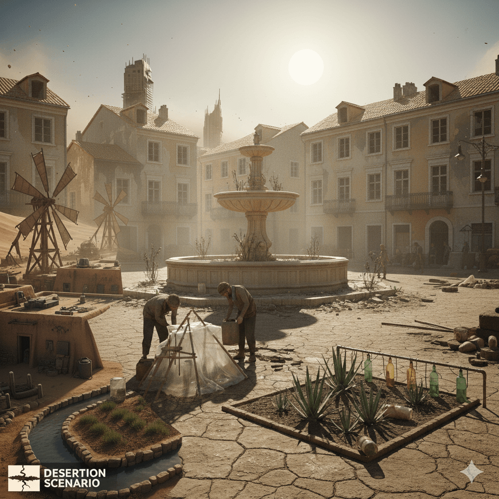 Image depicting the Desertion Scenario with cracked earth and desperate water collection in a European city.