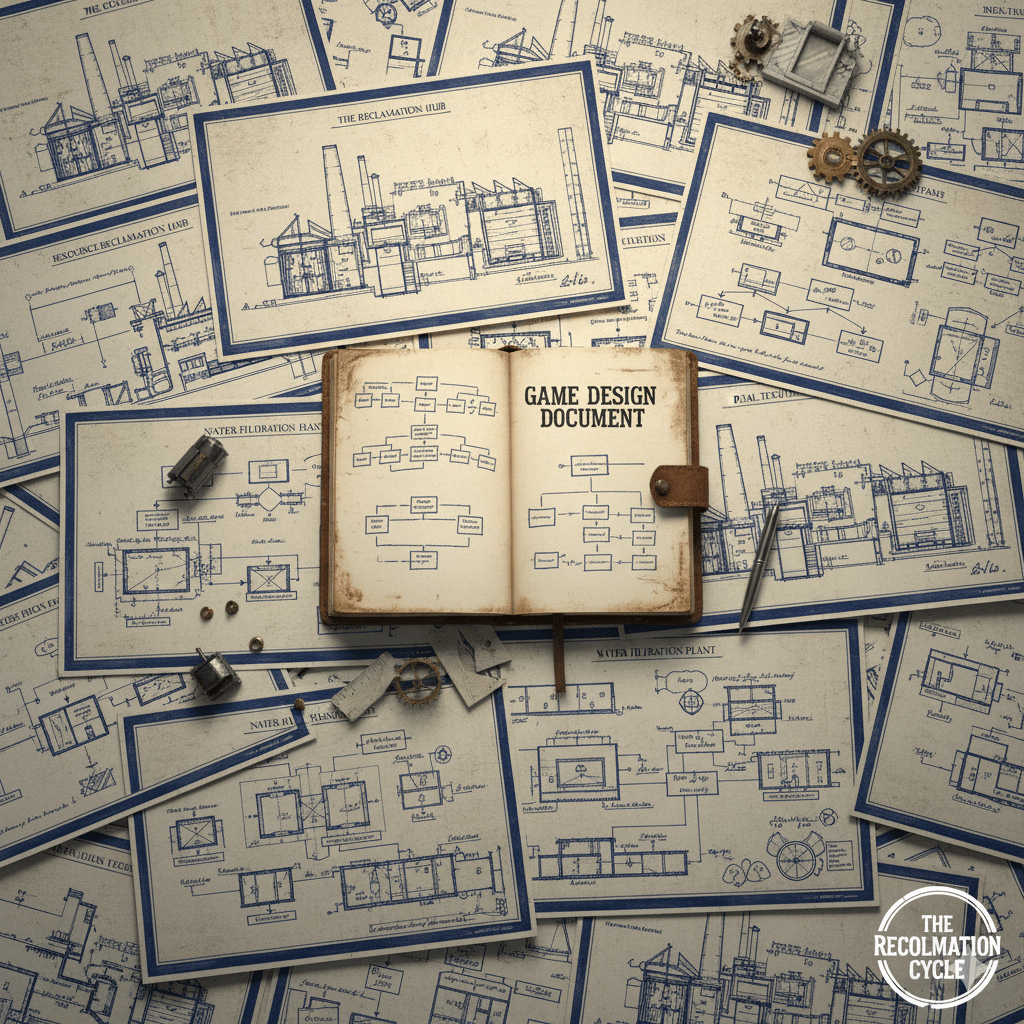Image depicting game design blueprints and documents.