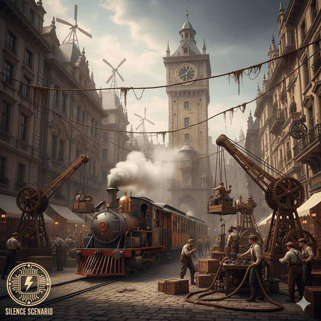 Image depicting the Silence Scenario with steam power and mechanical reliance in an old European city.